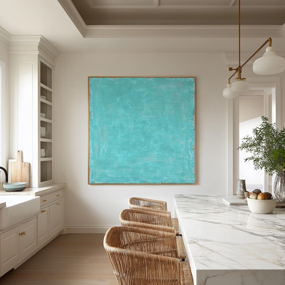 Teal Abstract Painting: Blue Green Acrylic Canvas Art