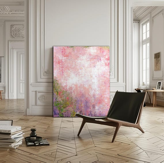 Large Pink Green Abstract Painting, Textured Canvas Art 60"x48"