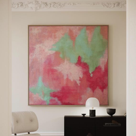 Blush Pink Mint Green Abstract Painting, Original Textured Acrylic on Canvas Art (40"x40")
