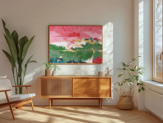 Pink Green Original Abstract Painting on Canvas, Textured Acrylic Art 40"x30"