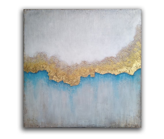 36x36 ORIGINAL BLUE ABSTRACT Painting,  Abstract Landsape, Minimalist Art, Gold Blue Gray Painting, Ready to Ship, Any Day, Prutski