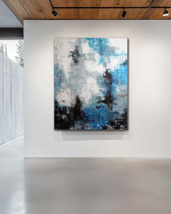 Original Blue Gray Abstract Painting, 60x48 Canvas, Ready to Hang