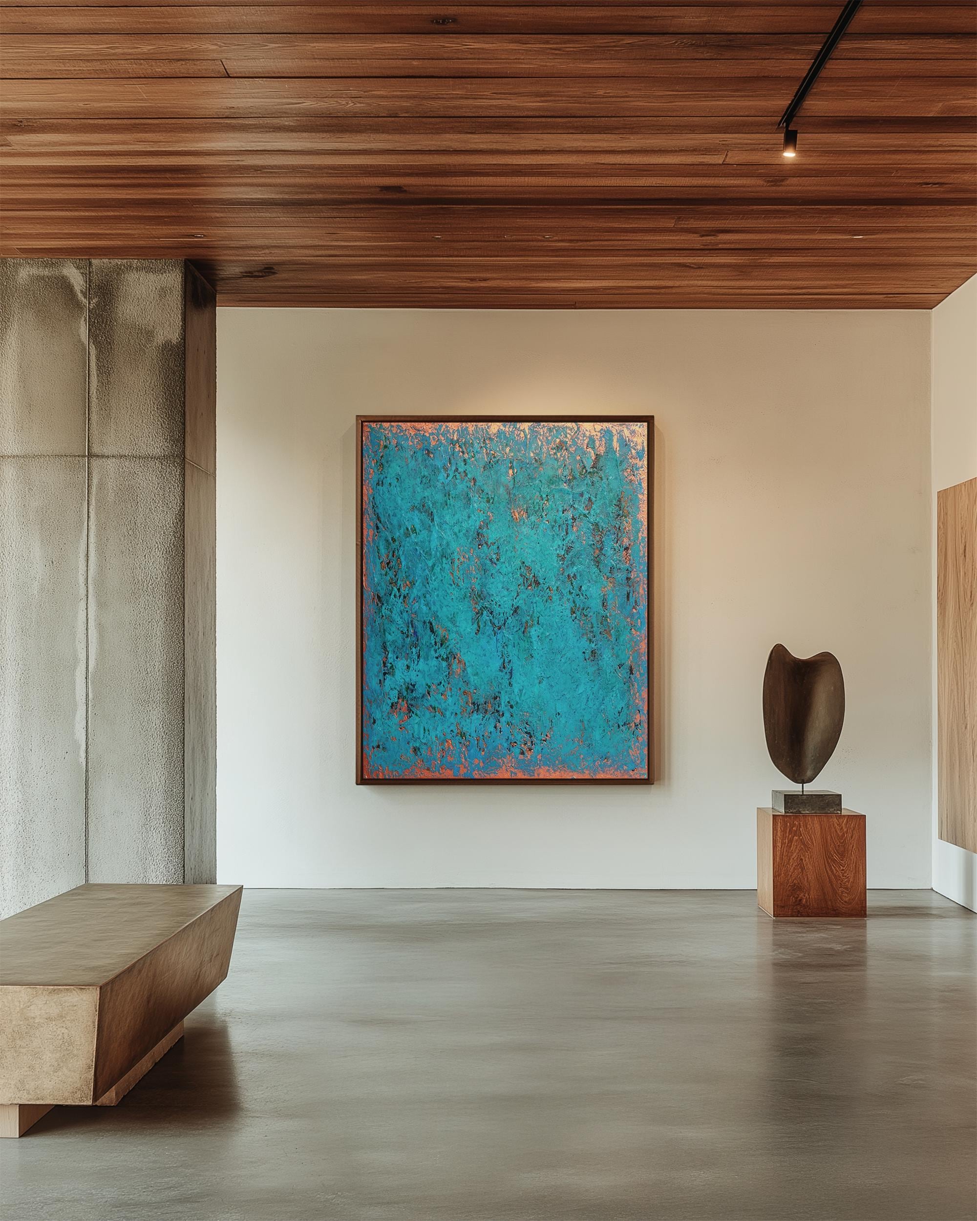 Textured Turquoise Abstract Painting on Canvas, Copper Accents