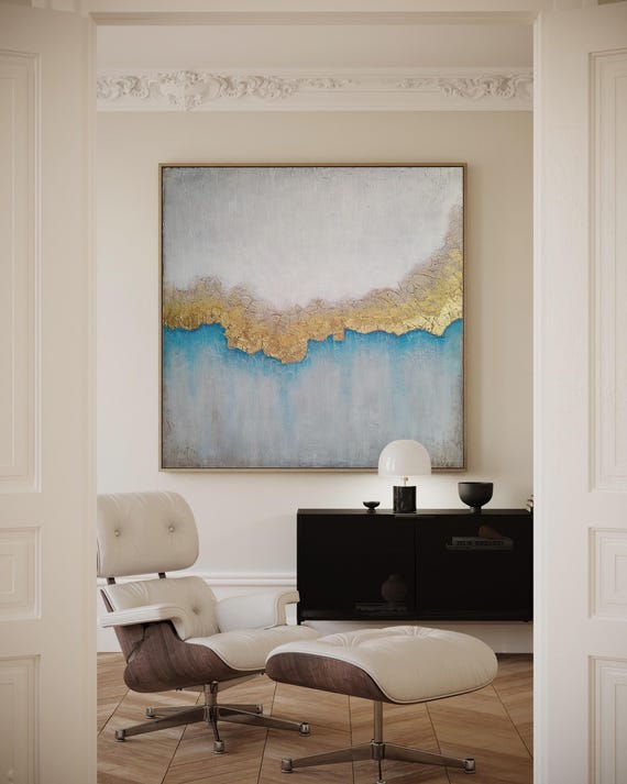 36"x36" ORIGINAL BLUE ABSTRACT Painting, Minimalist Art, Gold Blue Gray Painting, Ready to Ship