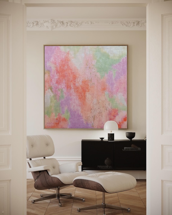 Original Abstract Large Painting, Pink green art 48"x48"