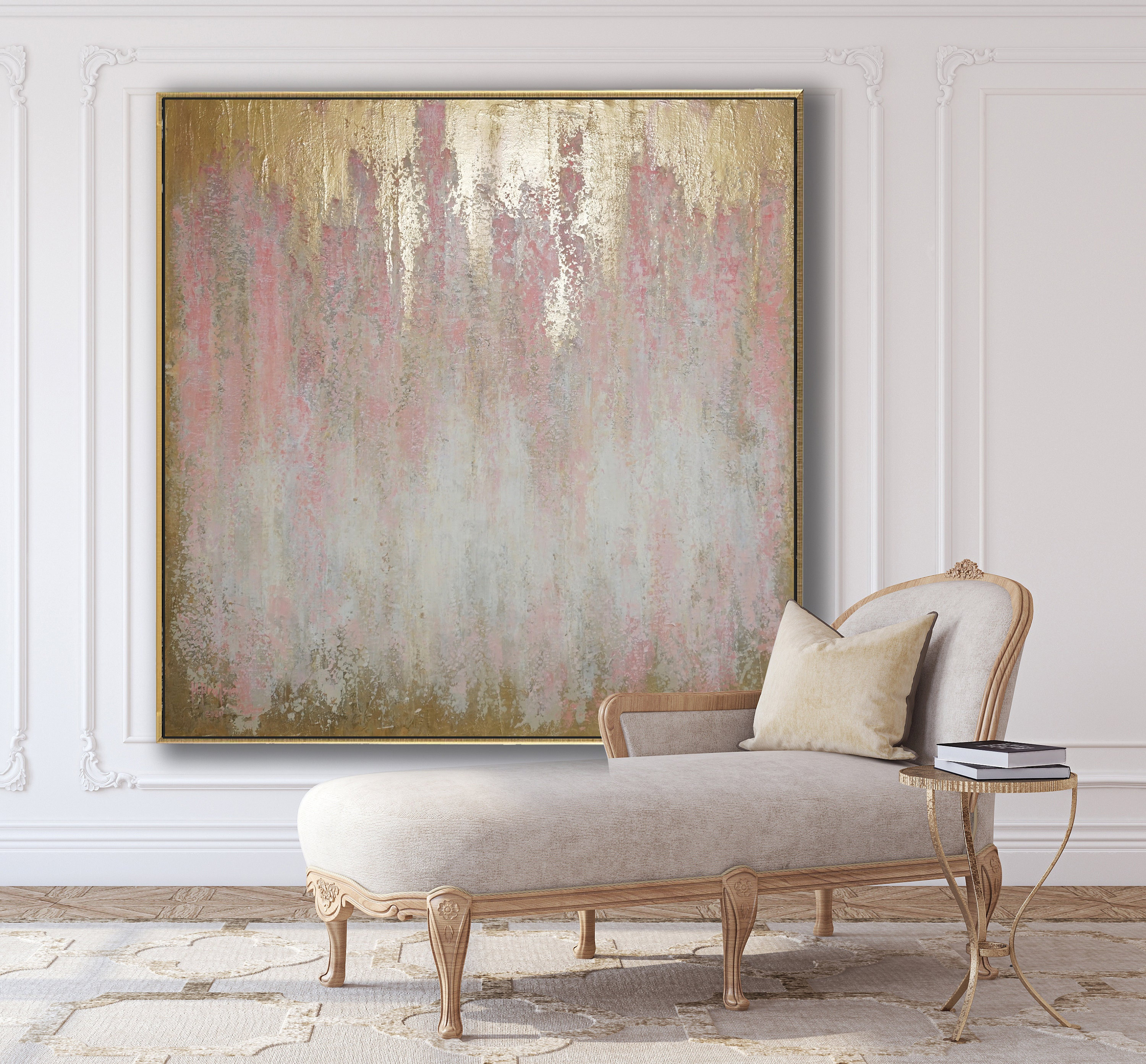 48x48 ORIGINAL PINK GOLD Abstract Painting, Large Canvas Art