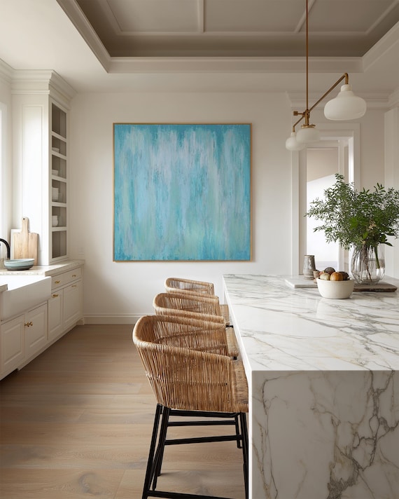 Aqua Blue Abstract Painting, Original Minimalist Canvas Art
