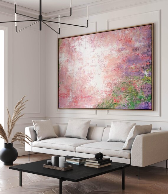 Large Pink Green Abstract Painting, Textured Canvas Art 60"x48"