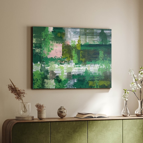 40x30 Green Painting, Original Abstract Painting, Green Pink Abstract, Painting on Canvas, Ready to ship