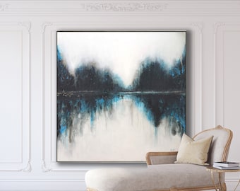 Blue Abstract Landscape Painting, Modern Canvas Art
