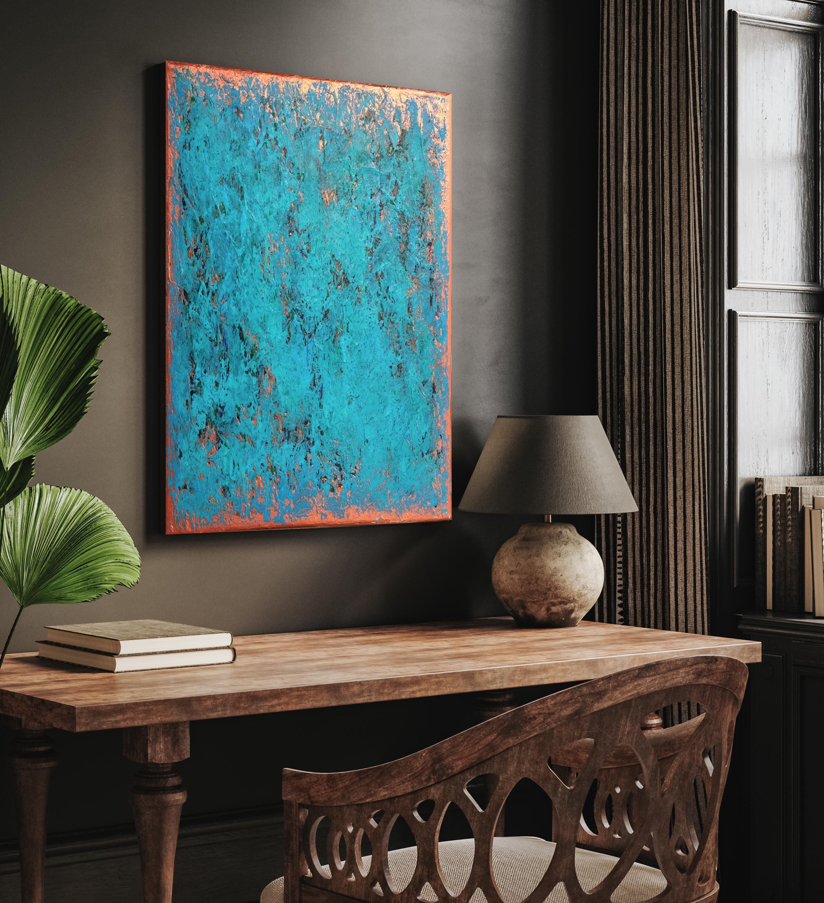 Textured Turquoise Abstract Painting on Canvas, Copper Accents