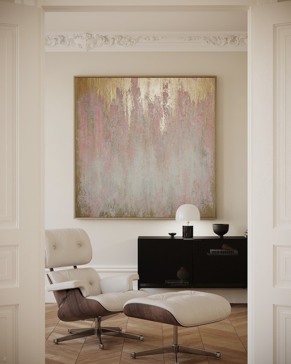 Original Abstract Gold Pink Painting, Minimalist Art, Made to Order
