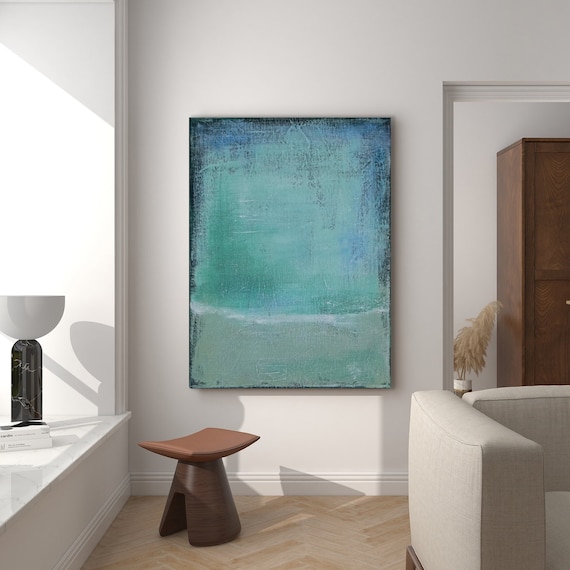 ORIGINAL BLUE GREEN Abstract, Minimalist Painting, Green Blue Abstract Seascape Acrylic Painting