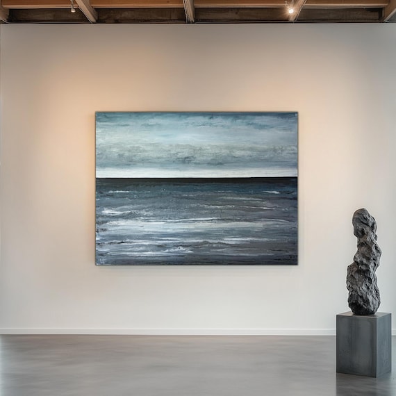 60x48in Large Gray Abstract Seascape Painting, Original Acrylic Canvas Art
