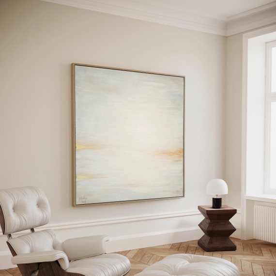 WHITE MINIMALIST PAINTING Original Abstract Large Canvas Art Tan Abstract White Gold Abstract