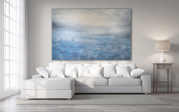 76"x50" ORIGINAL LARGE OIL Painting, Blue Gray Abstract Oil Painting, Abstract Seascape