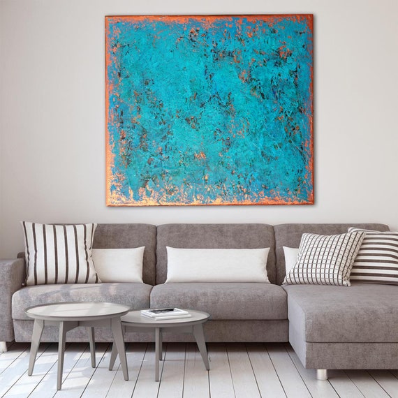 Original ABSTRACT PAINTING XLarge Canvas Art Turquoise Abstract Wall Art Minimalist Art Blue Green Abstract Industrial Art Minimalist Art