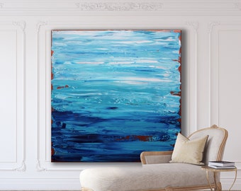Origineel blauw abstract zeegezichtschilderij, grote canvaskunst