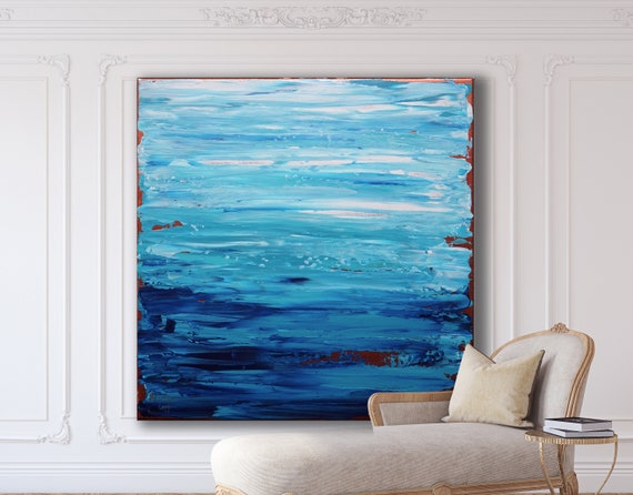 Original Blue Abstract Seascape Painting, XLarge Canvas Art