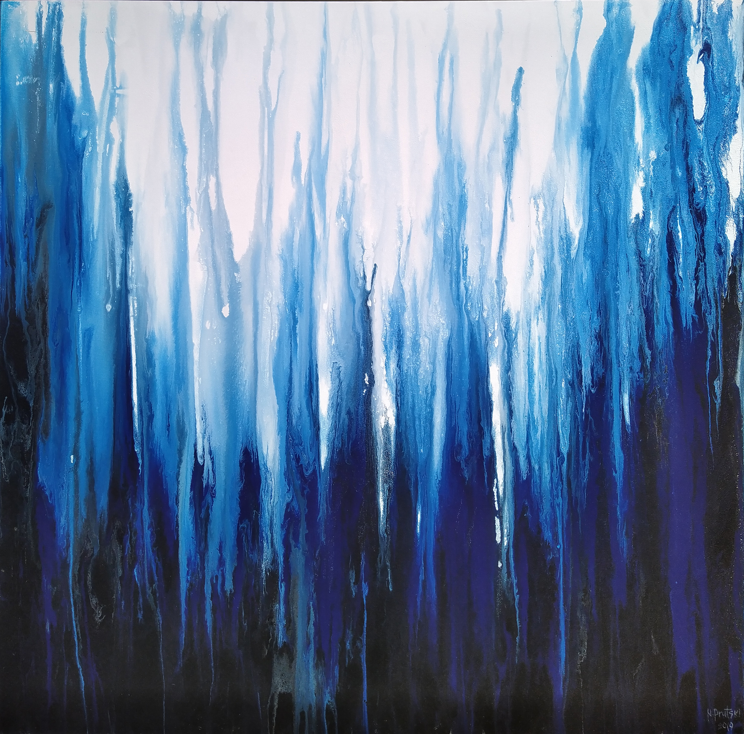 48x48 framed in a silver floater frame ORIGINAL Indigo Blue ABSTRACT