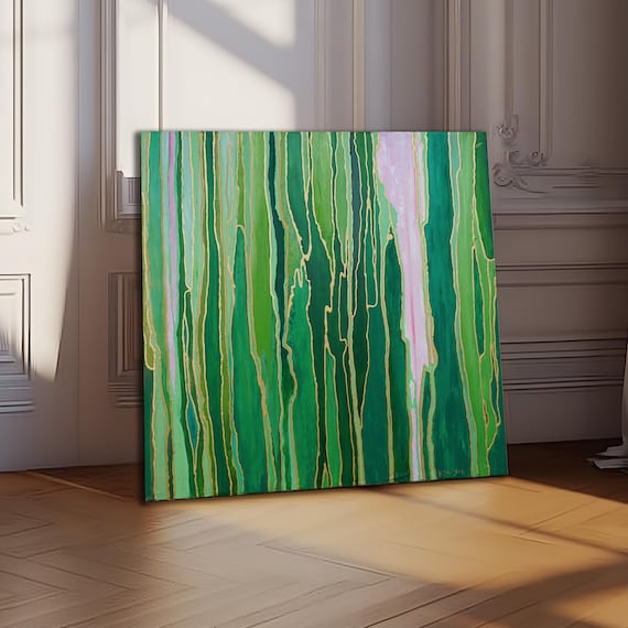 Blush Pink Abstract Painting, Green, Original Acrylic on Canvas Art 30"x30'"
