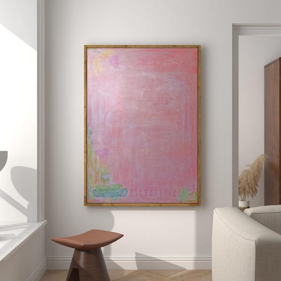 Pink Green Original Abstract Painting on Canvas, Textured Acrylic Art 40"x30"