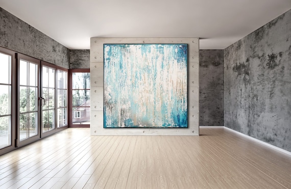 Original Abstract Art  XLarge Canvas Art Large Painting Blue White Abstarct Original Painting  Industrial Art Minimalist art Wall Art