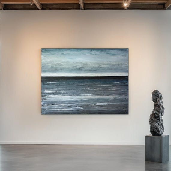 Large Gray Abstract Seascape Painting, Original Acrylic Canvas Art 60"x48"