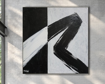 Pintura abstracta en lienzo en blanco y negro, arte minimalista contemporáneo