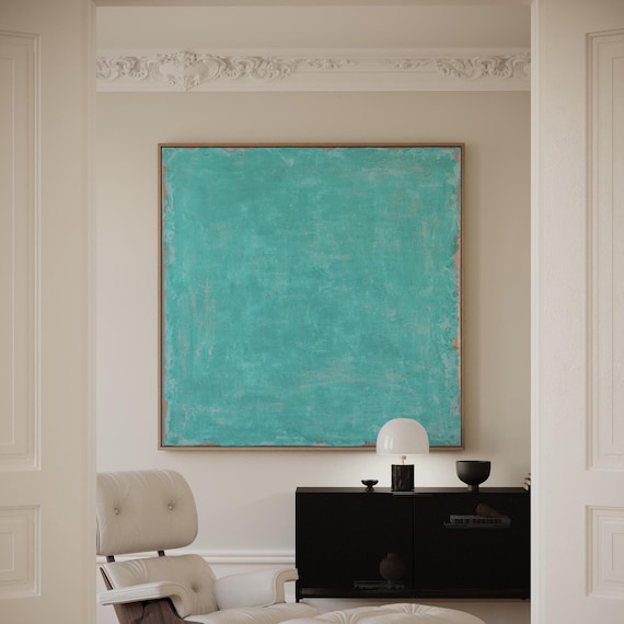 Teal Abstract Painting: Blue Green Acrylic Canvas Art