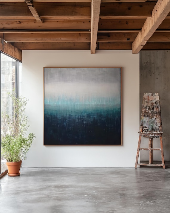 Original Abstract Seascape Painting, Indigo Aqua Blue Teal Artwork,Made to Order