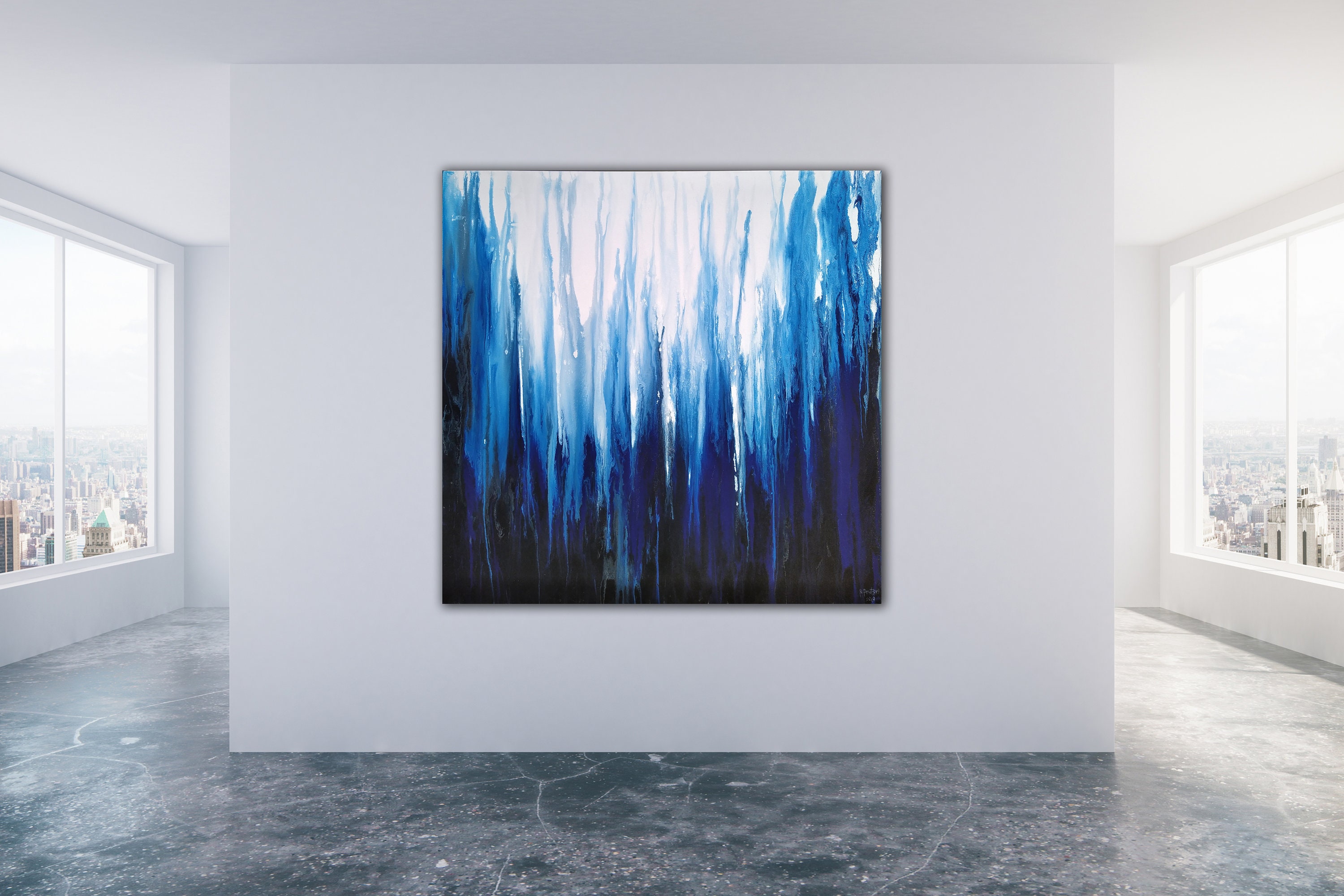 48x48 framed in a silver floater frame ORIGINAL Indigo Blue