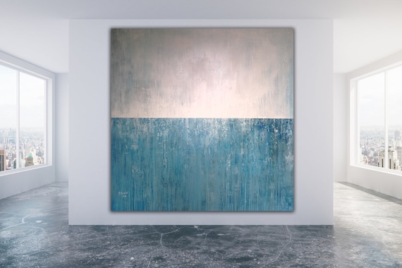 BLUE ABSTARCT SEASCAPE  XLarge Canvas Art Beach Painting Blue White Abstarct Original Painting Industrial Art Minimalist Art Custom Art