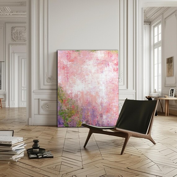 Large Pink Green Abstract Painting, Textured Canvas Art 60"x48"
