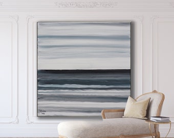 Original Abstract Seascape Painting, Indigo Blue Acrylic on Canvas