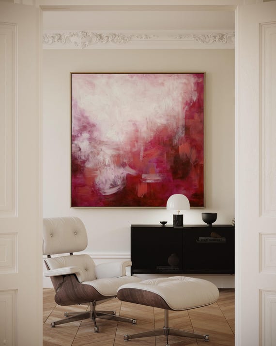 ORIGINAL PINK RED Abstract Painting, Statement Art 48"x48"