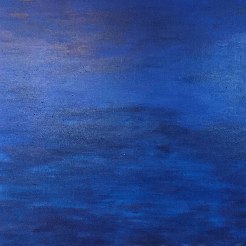 May include: Abstract oil painting with a gradient of blues, from deep indigo to lighter shades. The canvas features textured brushstrokes, creating a sense of depth and movement. The artwork evokes a moody, atmospheric feel.