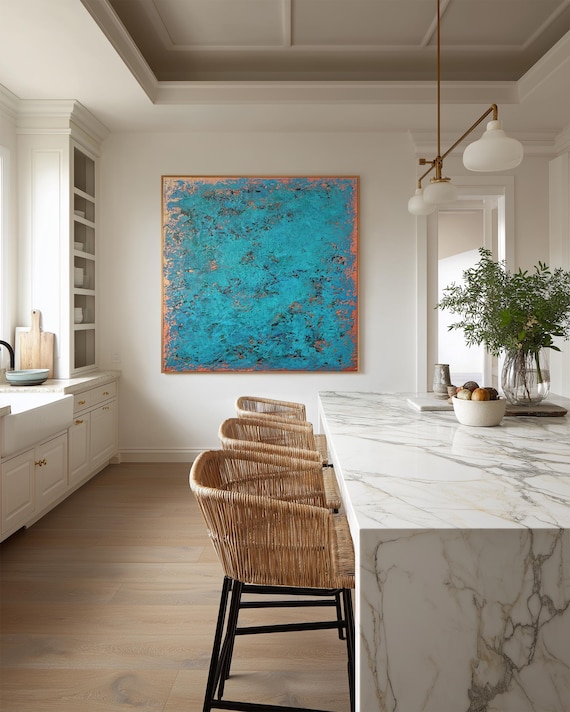 Original Turquoise Abstract Painting, Textured Copper Canvas Art