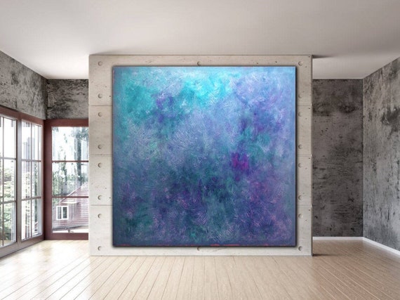 Teal Blue Abstract Painting on Canvas. Original Blue Green Painting Minimalist Art. Custom Painting.