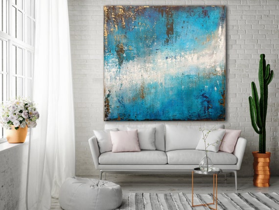 ORIGINAL ABSTRACT PAINTING XLarge Canvas Art Minimalist Painting Turquoise Blue Abstract Acrylic Painting Modern Art Industrial Textured Art