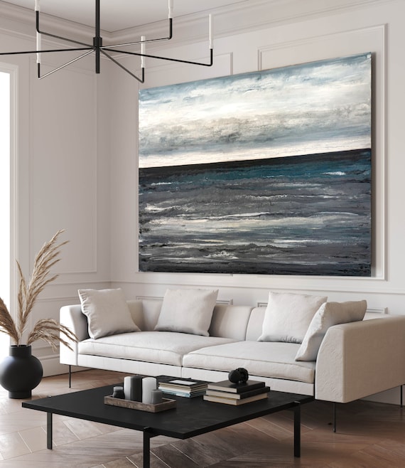 Large Gray Abstract Seascape Painting, Original Acrylic Canvas Art 60"x48"
