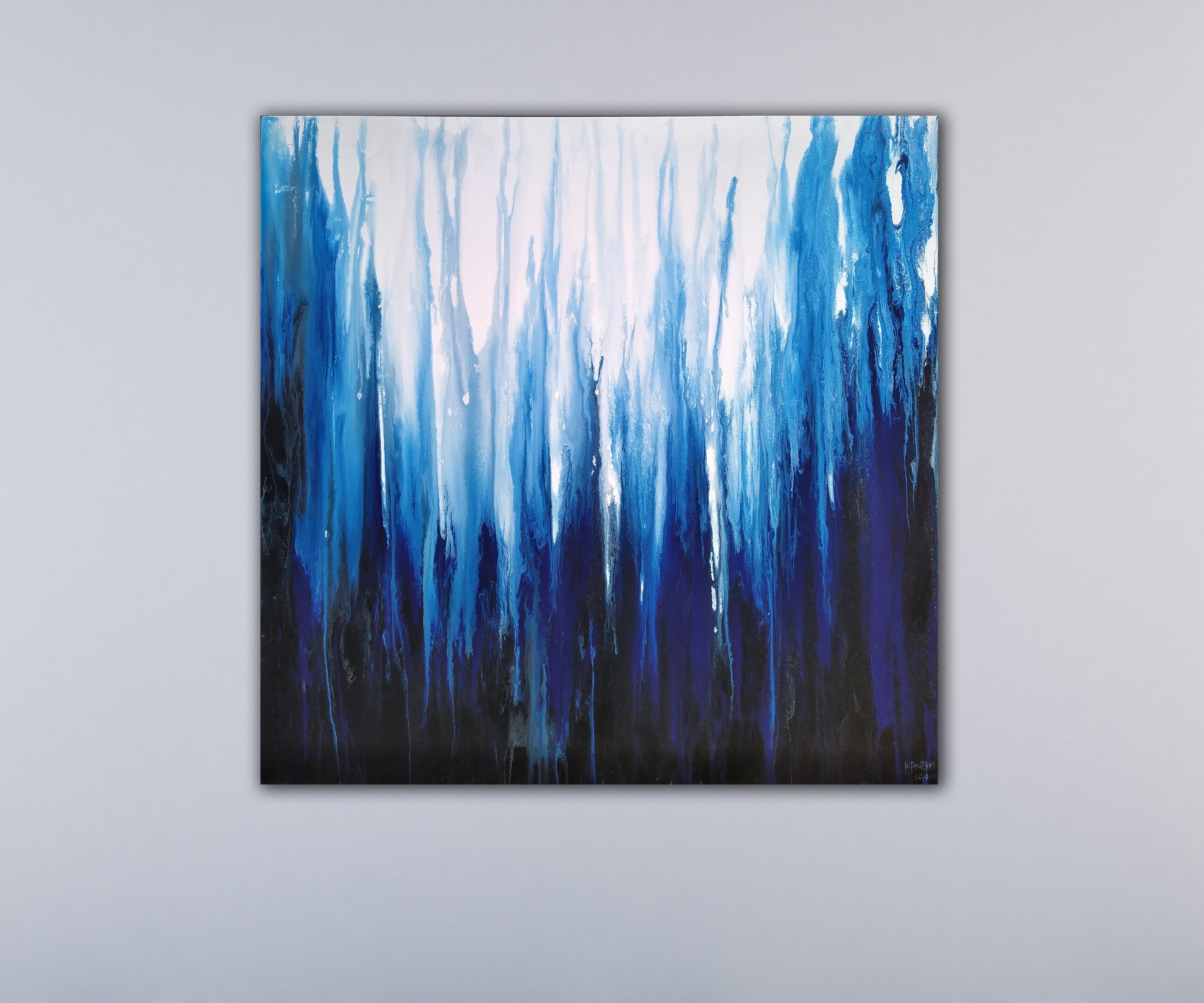 沢田哲郎・題/BLUE FLOAT・版画・47/150 48x48 framed in a silver floater frame ORIGINAL Indigo Blue