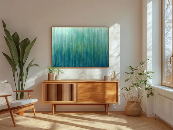 Teal Abstract Oil Painting, Original Minimalist Art