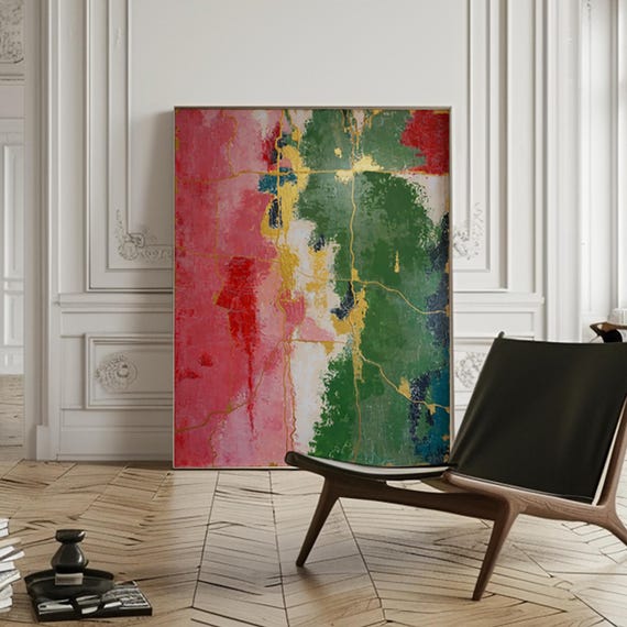 Pink Green Original Abstract Painting on Canvas, Textured Acrylic Art 40x30