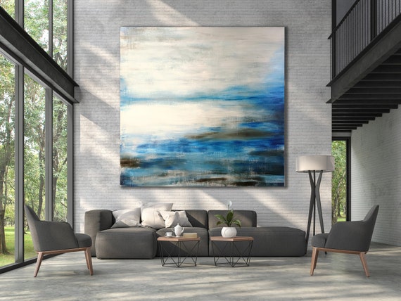 ORIGINAL ABSTARCT PAINTING XLarge Canvas Art Painting Black White Blue Gray Abstract Lanscape Original Art Abstract Seascape Custom Painting