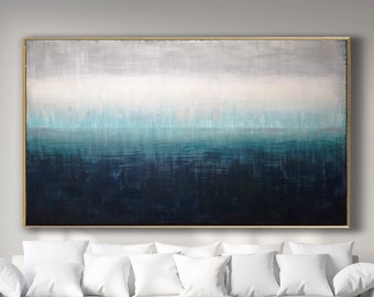 ORIGINAL ABSTRACT PAINTING  XLarge Canvas Art Indigo Aqua Blue Gray Abstract Minimalist Art Abstract Seascape Industrial Art Custom Painting