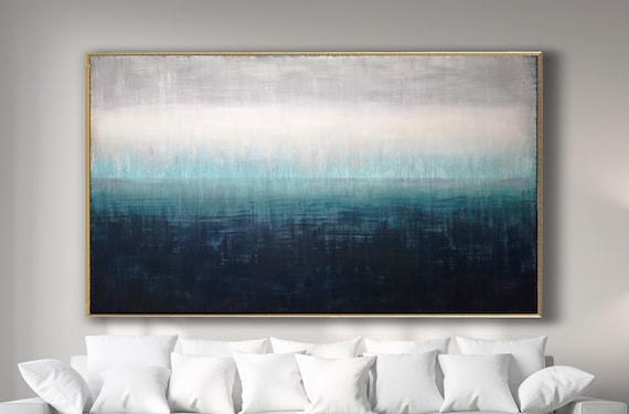 ORIGINAL ABSTRACT PAINTING  XLarge Canvas Art Indigo Aqua Blue Gray Abstract Minimalist Art Abstract Seascape Industrial Art Custom Painting