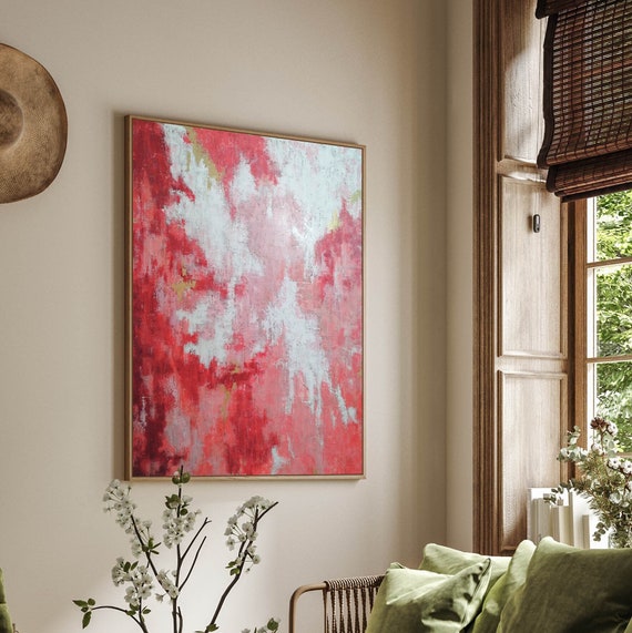 ORIGINAL PINK ABSTRACT, Minimalist Painting, Pink Red Abstract Acrylic Painting, Cloudy Pink