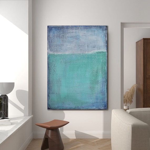 ORIGINAL BLUE GREEN Abstract, Minimalist Painting, Green Blue Abstract Seascape Acrylic Painting