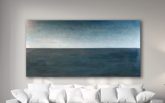 Panoramic Abstract Painting XLarge Canvas Art Minimalist Art Black White Blue Gray Abstract Lanscape Original Art Seascape Custom Painting